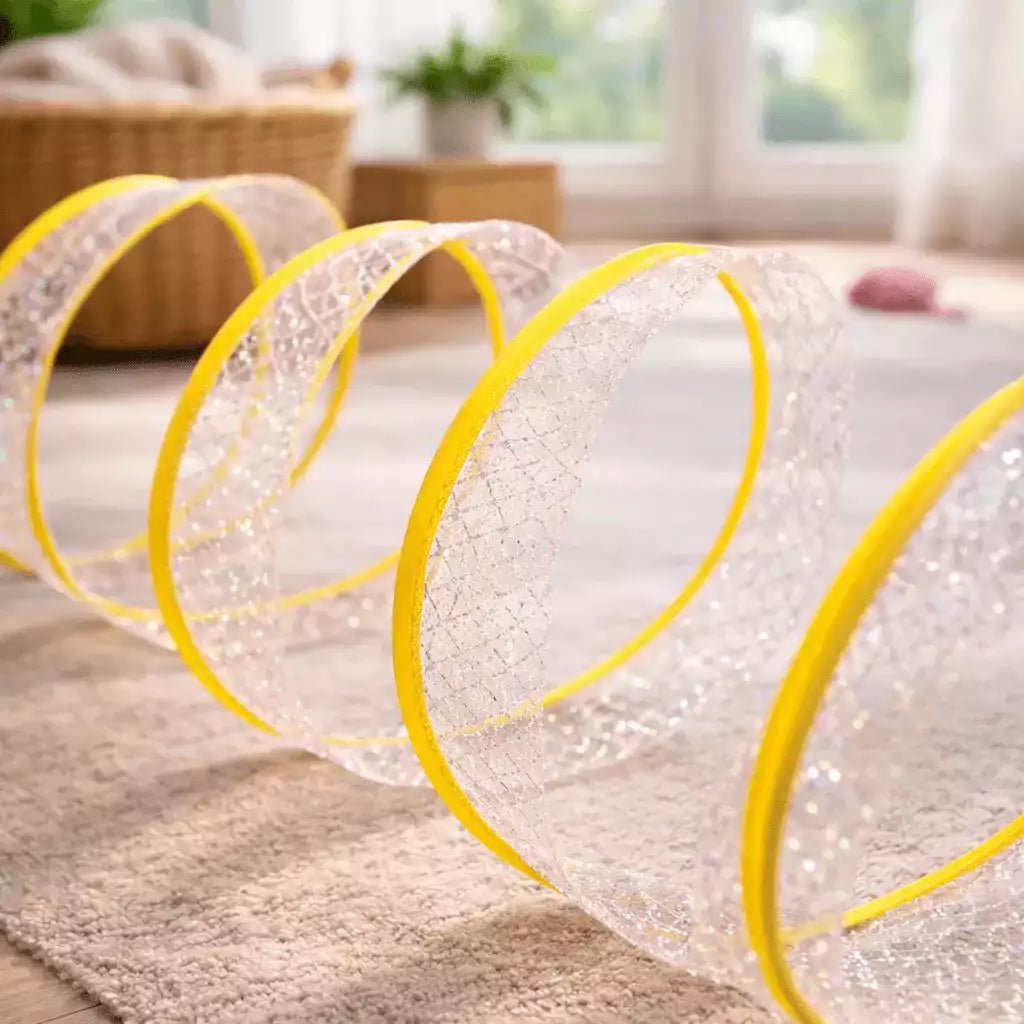 Jeu spirale pour chat Féli’Spirale Aventure jaune avec tunnel en dentelle, présenté en intérieur