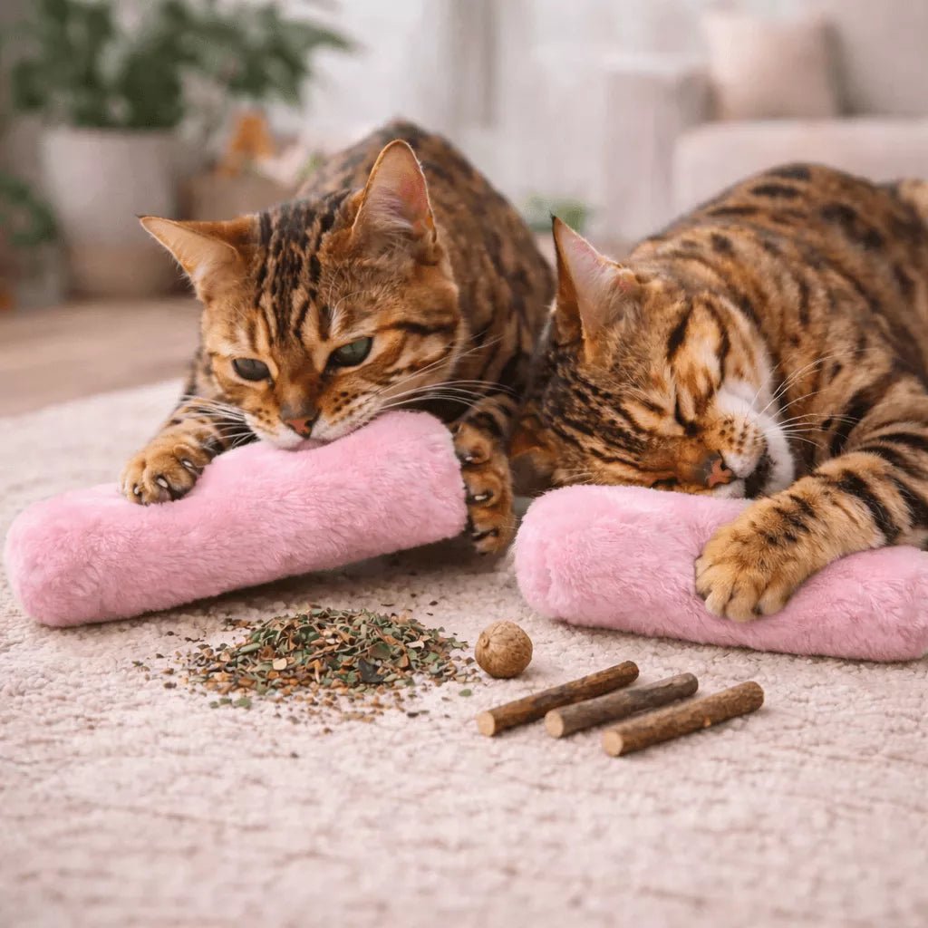 Coussin pour chat Félin’Nuage Câlin rose utilisé par deux chats en moment de détente avec herbe à chat