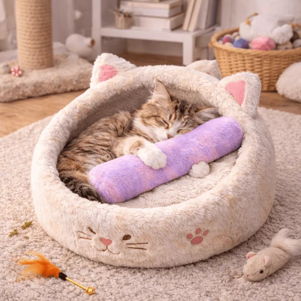 Coussin pour chat Félin’Nuage Câlin violet avec chat dormant blotti contre l’oreiller