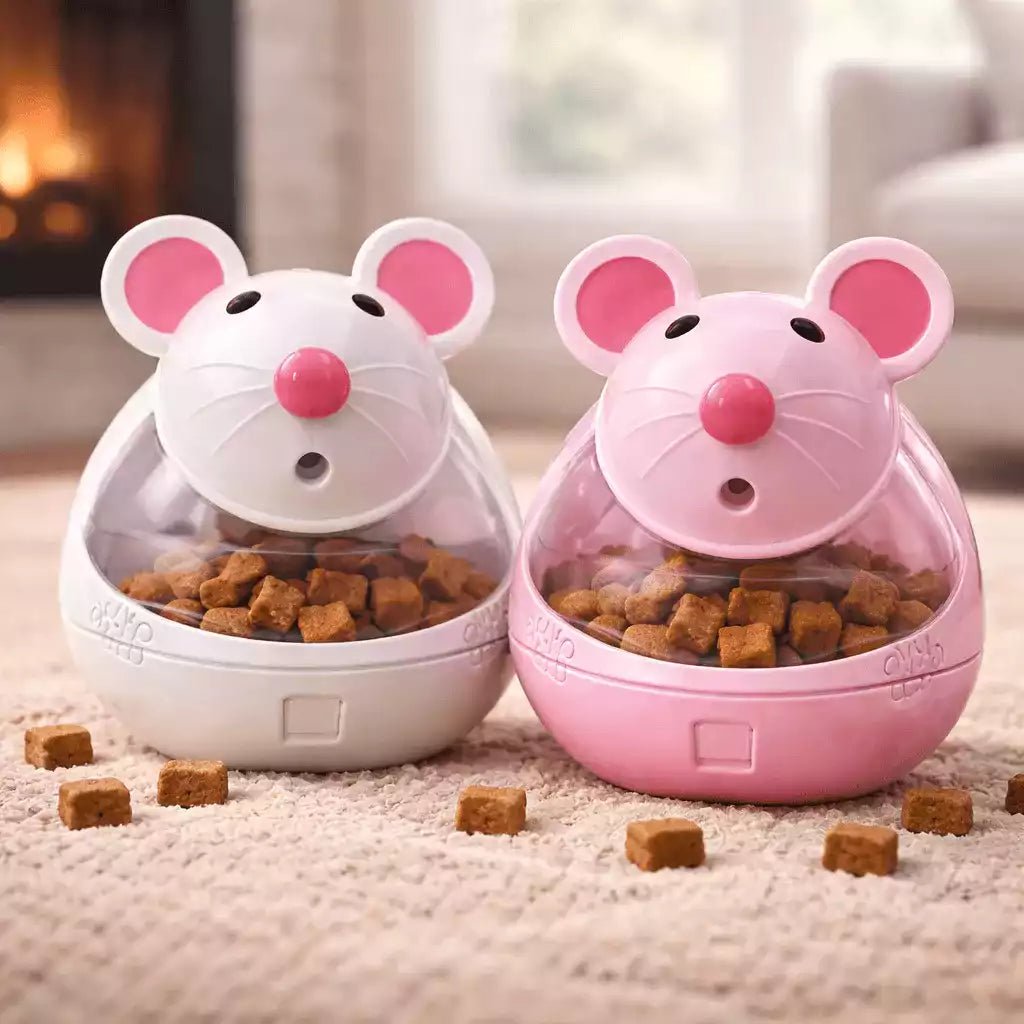 Pack Féli’Croque rose et blanc composé de deux distributeurs de croquettes pour chat en forme de souris