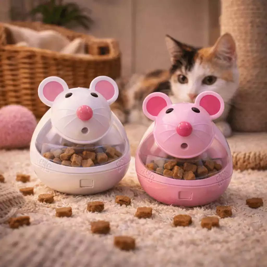 Distributeur de croquettes pour chat en forme de souris interactive, à utiliser en intérieur pour ralentir l’alimentation