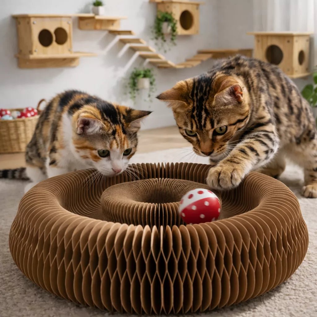 Griffoir en carton avec deux chatons concentrés manipulant une balle dans un jouet interactif en phase d’appropriation