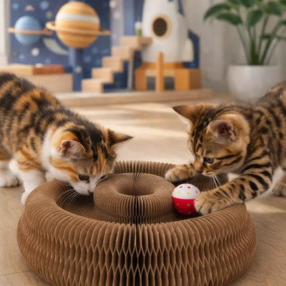 Griffoir en carton avec deux chatons en phase d’apprentissage jouant avec une balle dans un décor intérieur sur le thème de l’espace