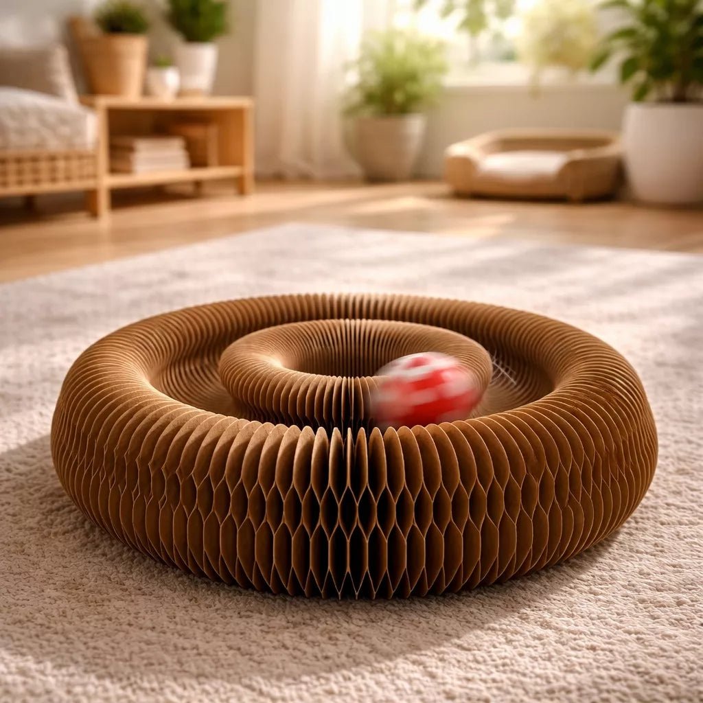Griffoir en carton Féli’Accordéon Zen avec balle en mouvement dans un jouet interactif posé sur un tapis en intérieur