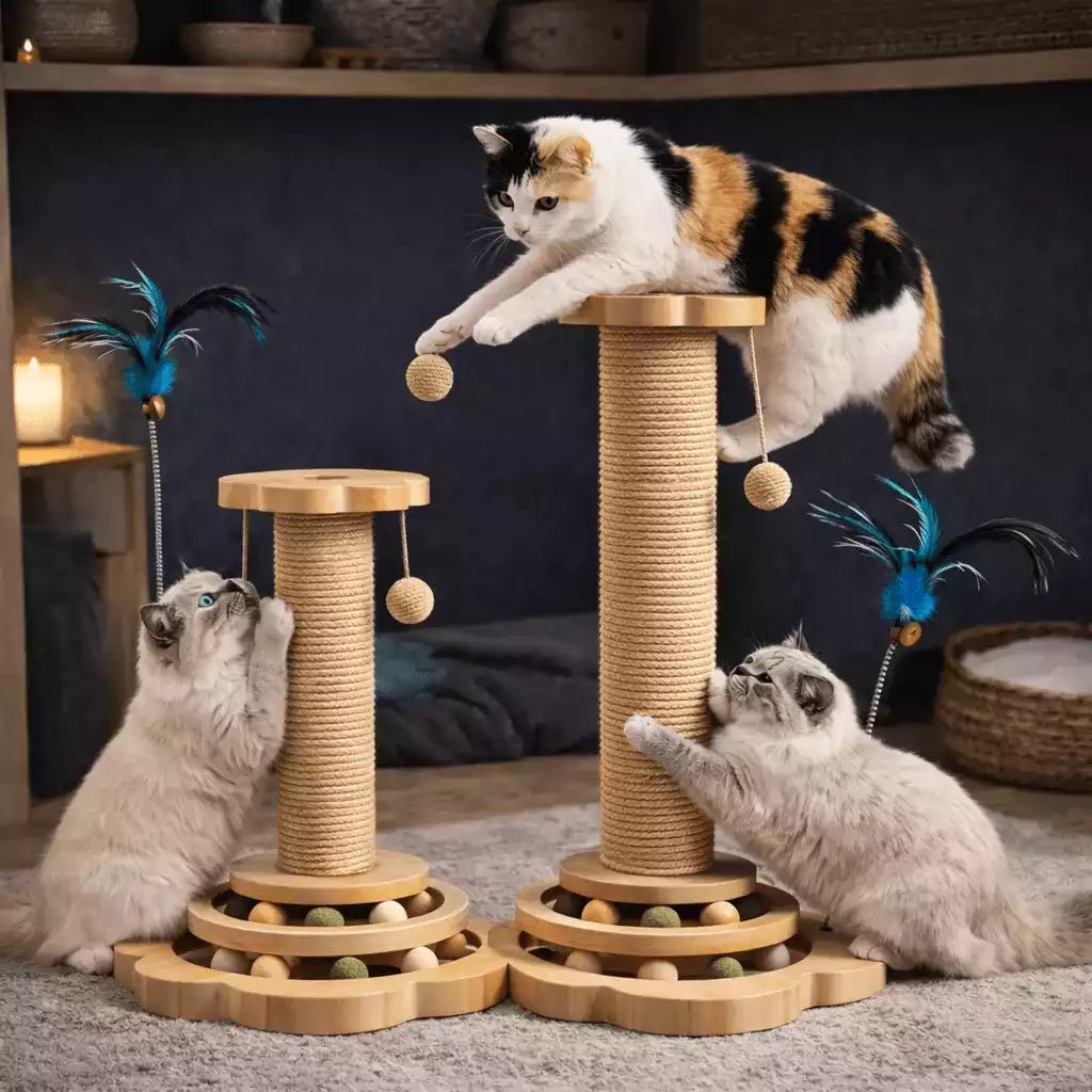 Griffoir chat Tower Féli’Aventure utilisé par plusieurs chats en jeu actif et stimulant