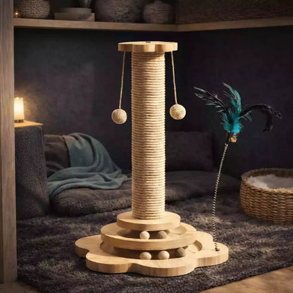 Griffoir chat Tower Féli’Aventure en bois et sisal avec balles et plume, installé dans un intérieur cosy