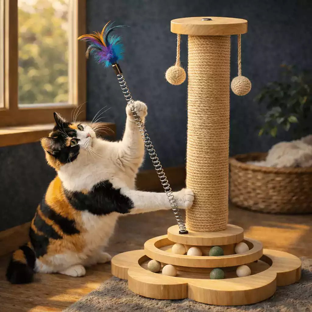 Griffoir chat Tower Féli’Aventure avec chat jouant à la plume sur ressort, ambiance intérieure chaleureuse