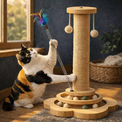 Griffoir chat Tower Féli’Aventure avec chat jouant à la plume sur ressort, ambiance intérieure chaleureuse