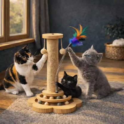 Griffoir chat Tower Féli’Aventure avec plusieurs chats jouant à la plume sur ressort