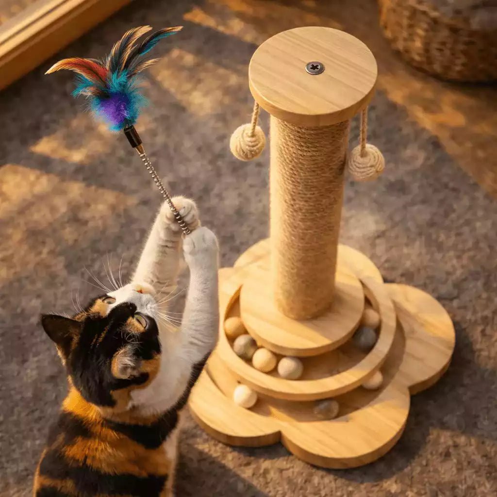 Griffoir chat Tower Féli’Aventure vu du dessus, chat jouant à la plume sur ressort