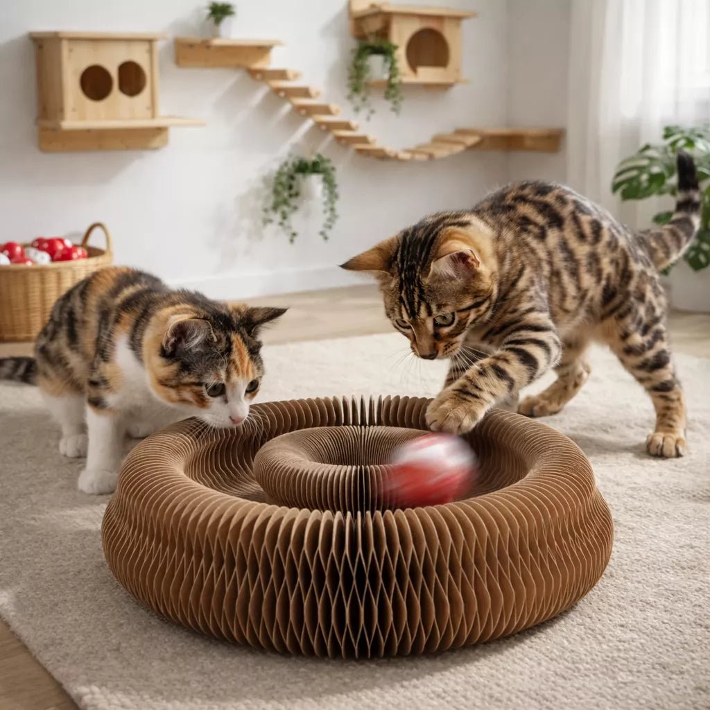 Griffoir en carton avec deux chatons en train de jouer avec une balle en mouvement dans le jouet interactif