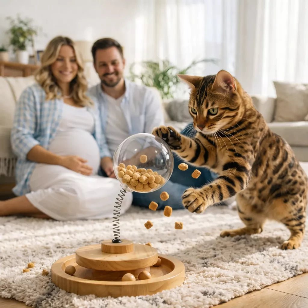 Jeu interactif pour chat avec croquettes en mouvement, un Bengal en pleine action devant ses propriétaires assis en arrière-plan