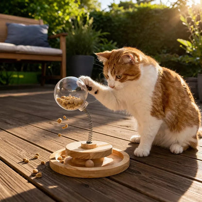 Jeu interactif pour chat en bois utilisé en extérieur sur une terrasse en bois, un chat roux joue avec le distributeur de croquettes sous une lumière naturelle