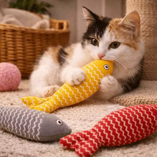 Jeu poisson pour chat mordillé par une isabelle en intérieur dans un environnement cosy