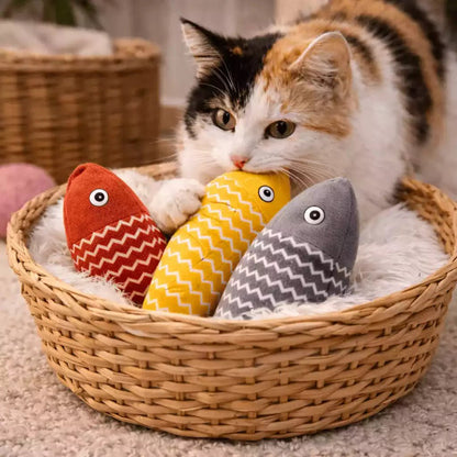 Jeu poisson pour chat en pack de trois couleurs, Féli’Fish rouge, gris et jaune