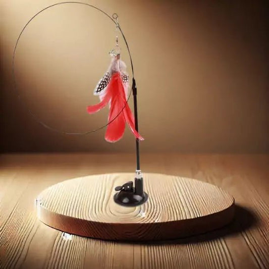 Jeu pour Chat – AéroPlume Féline Rouge sur socle bois, plume suspendue stimulant l’instinct de chasse