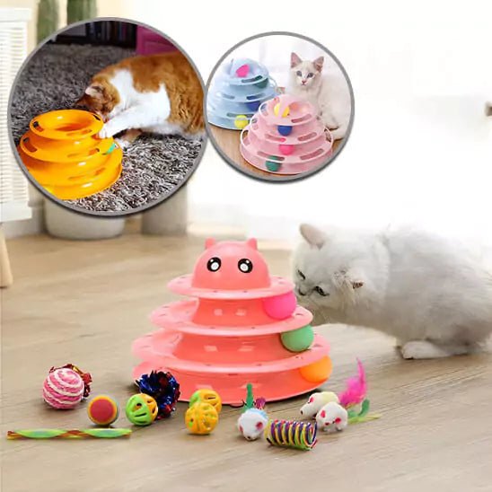 Jeux Chat – Feline Turbo Tower, Phase 3 Rose à 4 niveaux, chat jouant avec balles colorées intégrées