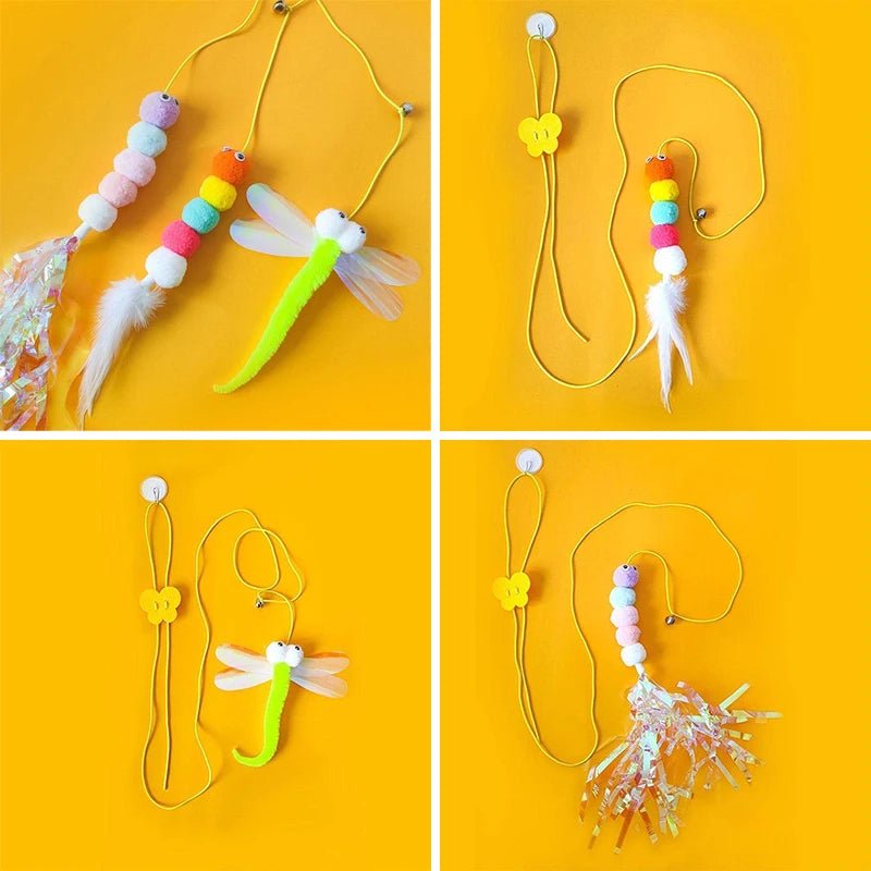 Quatre jouets pour chats suspendus, plumes et pompons pour des moments de chasse inoubliables
