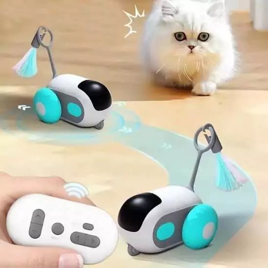 Jeux pour les Chats – FélinoSpeed en mouvement avec télécommande, jouet interactif aux roues turquoise et plumeau