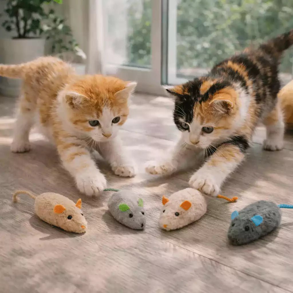 Jouet souris pour chat utilisé par deux chatons en apprentissage d’attaque et stimulation de l’instinct de chasse