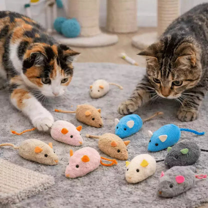 Jouet souris pour chat en lot multicolore face à deux chats concentrés en posture d’attaque
