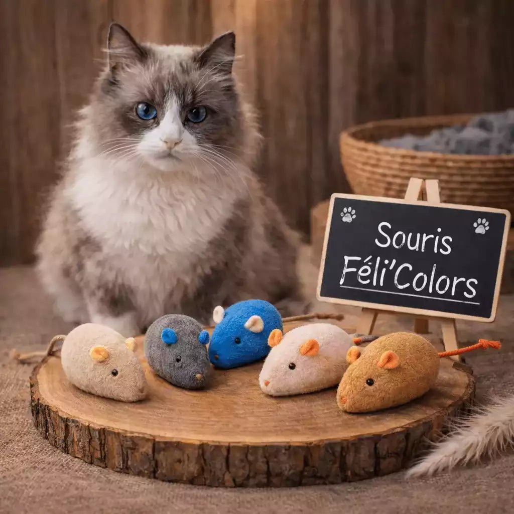 Jouet souris pour chat en lot multicolore présenté sur support en bois avec chat en arrière-plan