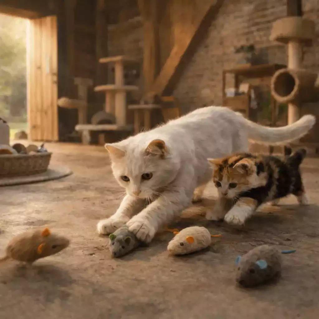 Jouet souris pour chat utilisé par une maman chat montrant à son chaton l’apprentissage de la chasse