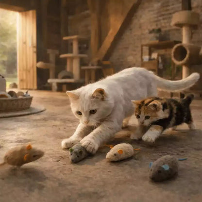 Jouet souris pour chat utilisé par une maman chat montrant à son chaton l’apprentissage de la chasse