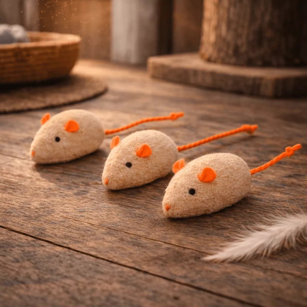 Jouet souris pour chat en pack de 3 beige avec oreilles et queue orange posé sur surface en bois
