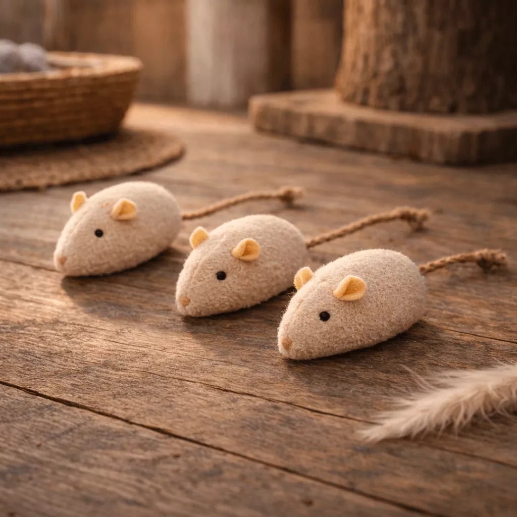 Jouet souris pour chat en pack de 3 beige posé sur surface en bois dans un décor naturel