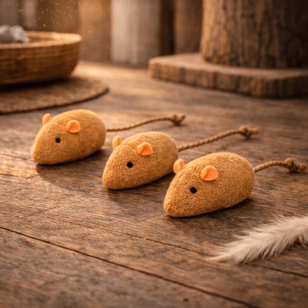 Jouet souris pour chat en pack de 3 couleur café posé sur surface en bois dans un décor chaleureux