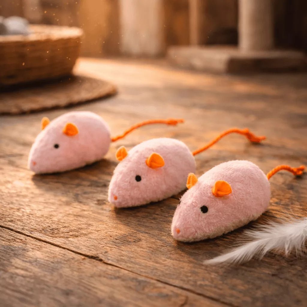 Jouet souris pour chat en pack de 3 rose avec oreilles et queue orange posé sur surface en bois