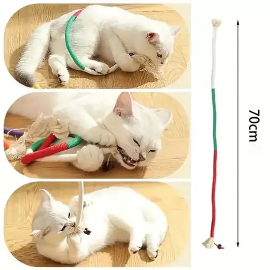 Jouets pour les Chats – Corde Feline’Fun Vert-Rouge, chat blanc la mord, 70 cm d’action pour un jeu interactif