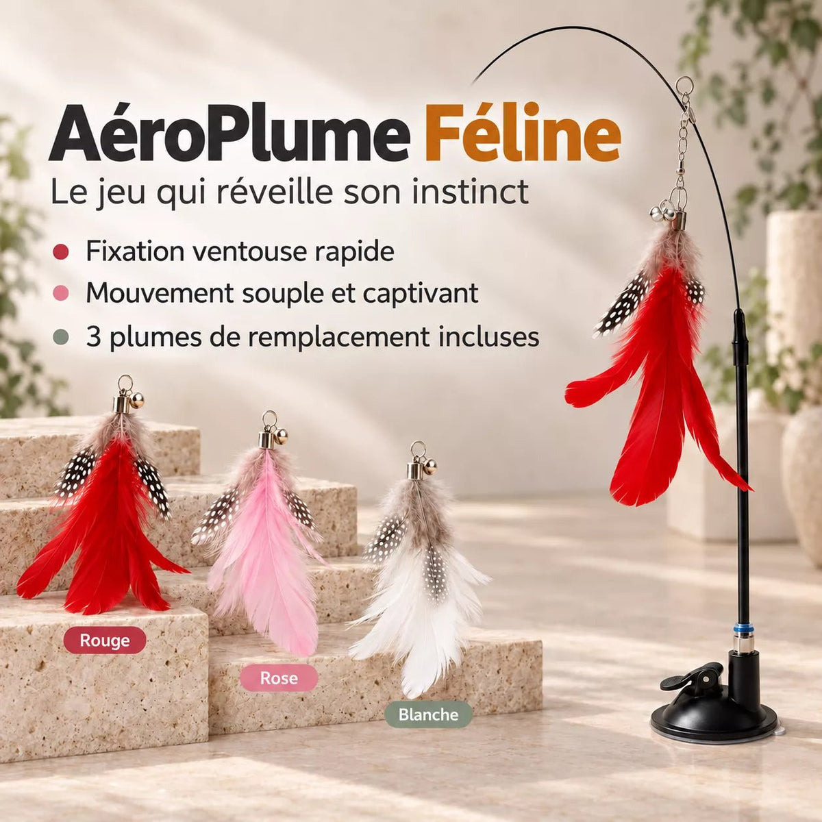 Plume pour chat AéroPlume Féline à ventouse et tige souple, avec trois plumes de remplacement rouge, rose et blanche