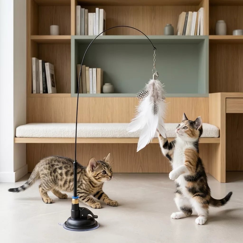 Un chaton isabelle tente d’attraper une plume pour chat blanche tandis qu’un chaton tigré s’apprête à bondir