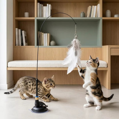 Un chaton isabelle tente d’attraper une plume pour chat blanche tandis qu’un chaton tigré s’apprête à bondir