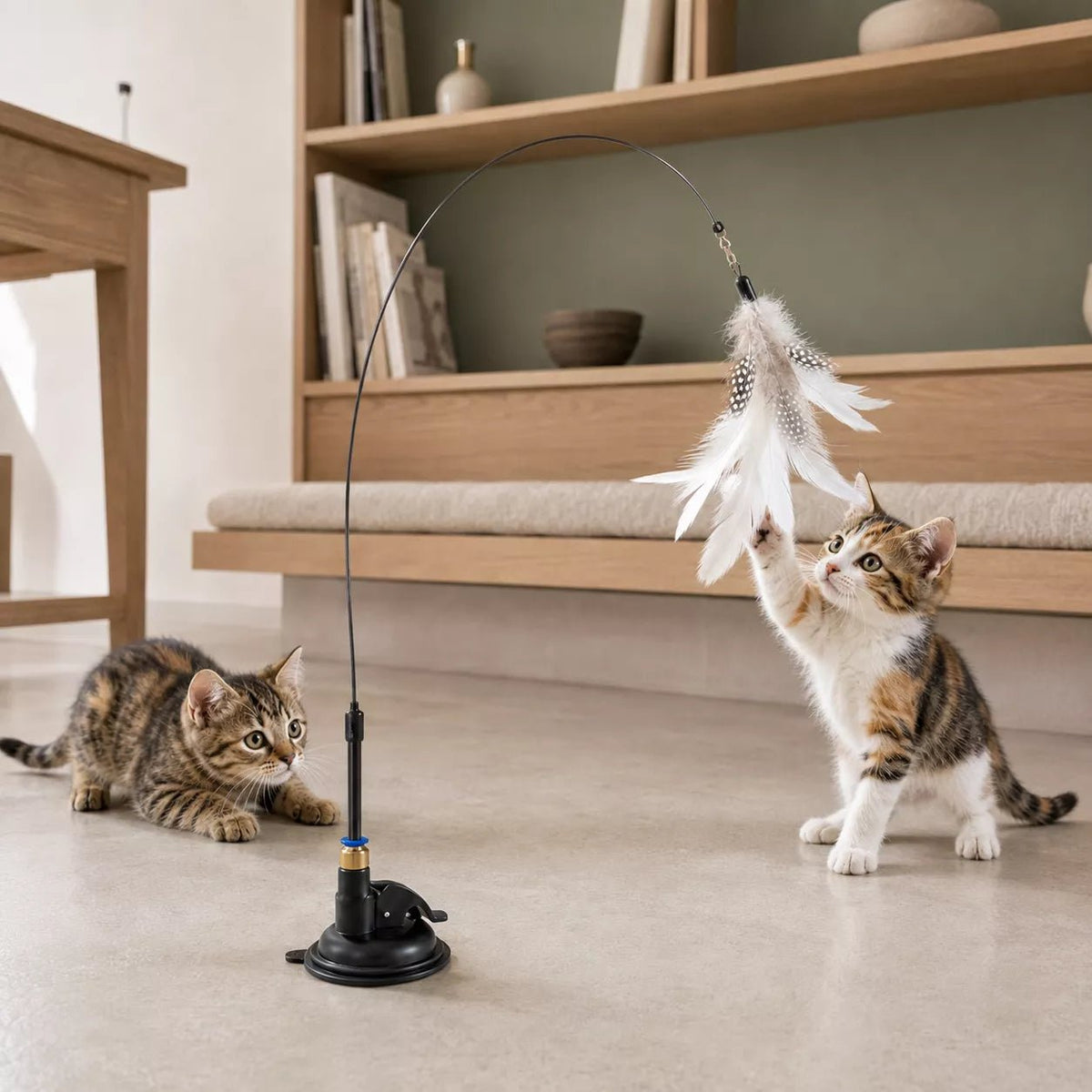 Un chaton isabelle donne un coup de patte à une plume pour chat blanche, sous le regard d’un chaton tigré à l’affût