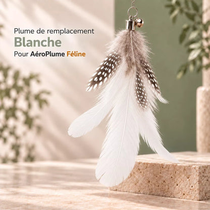 Plume pour chat blanche de remplacement pour AéroPlume Féline, présentée en gros plan avec son anneau et ses plumes mouchetées