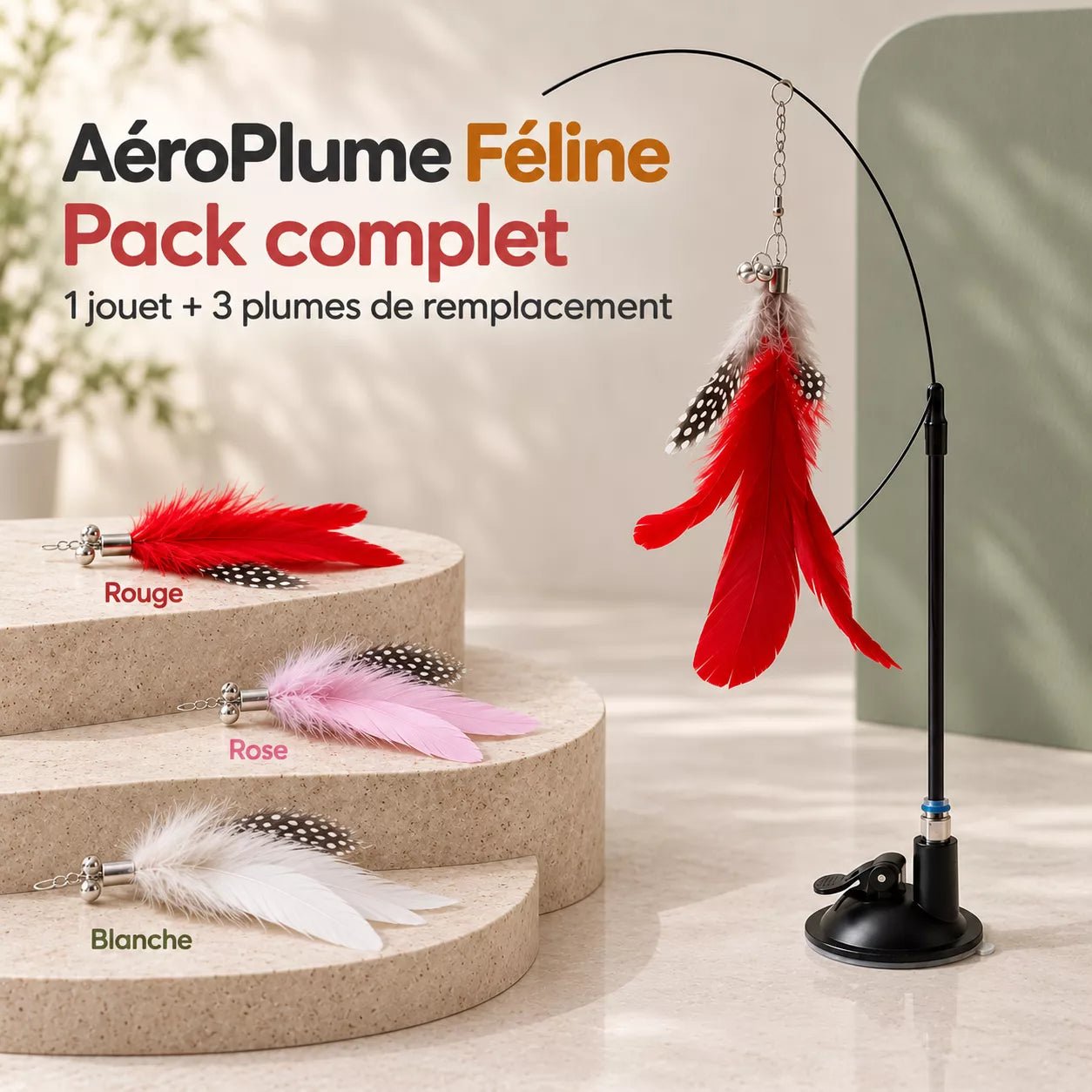 Plume pour chat AéroPlume Féline avec une plume rouge montée et trois plumes de remplacement rouge, rose et blanche