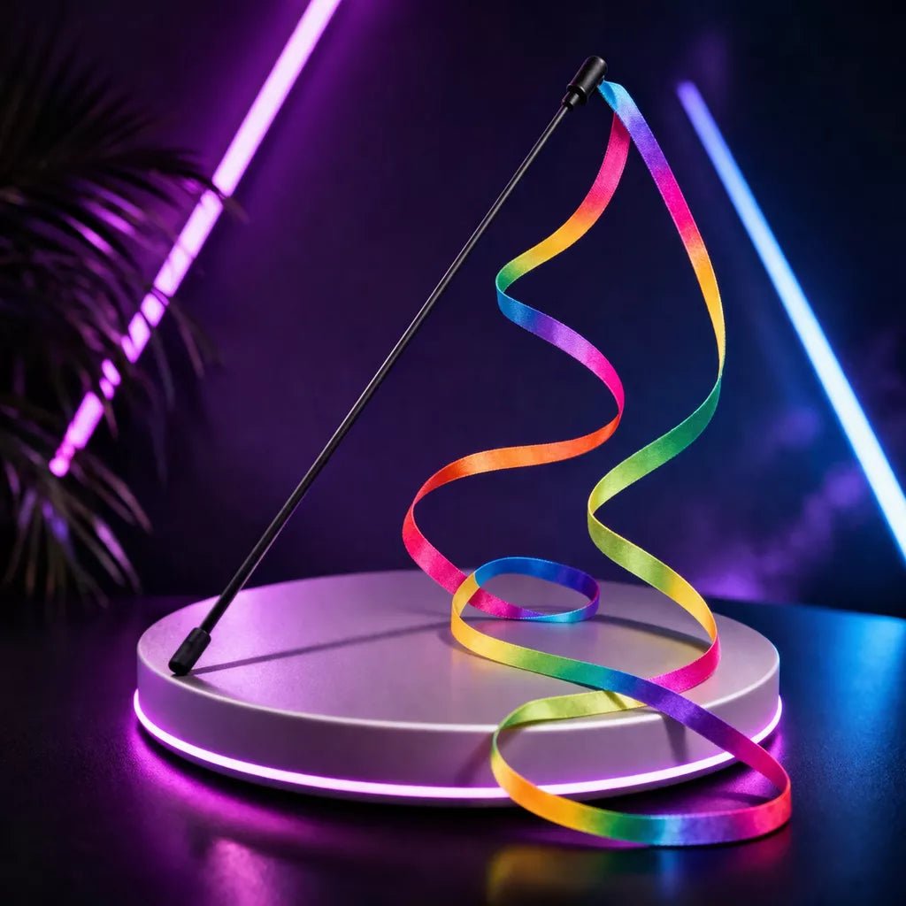 Ruban pour chat de 120 cm avec baguette présenté en spirale sur un socle avec éclairage coloré mettant en valeur sa longueur et sa forme
