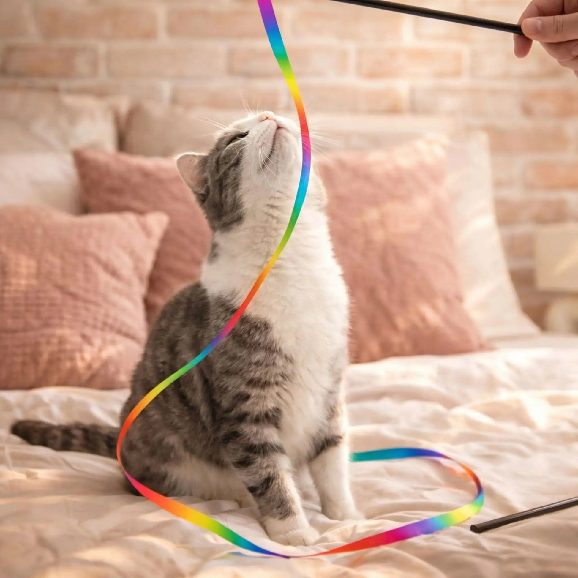 Ruban pour chat tenu avec une baguette au-dessus d’un chat assis qui suit le mouvement ondulé du ruban avec attention attiré par le jeu