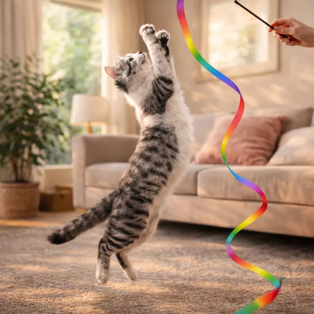 Ruban pour chat animé en hauteur avec une baguette pendant qu’un chat saute en extension sur ses pattes arrière pour tenter de l’attraper