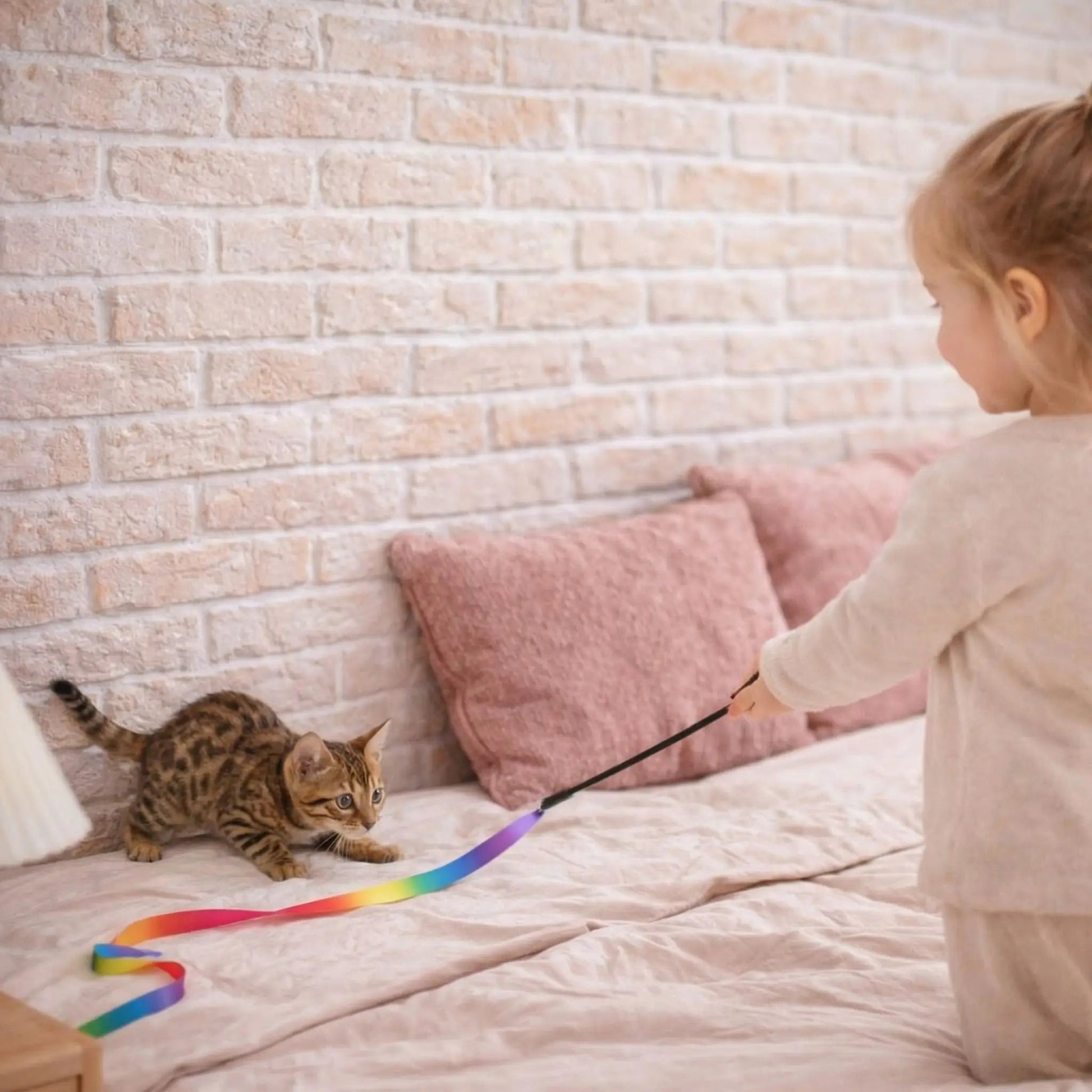Ruban pour chat déplacé au ras du lit par une enfant pendant qu’un chaton suit sa trajectoire avec attention en avançant prudemment