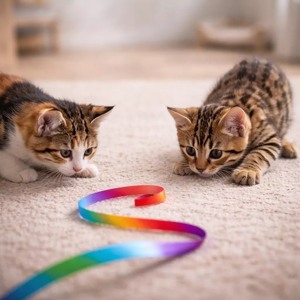 Ruban pour chat posé au sol avec deux chatons concentrés en position d’observation développant leur instinct de chasse avant de bondir