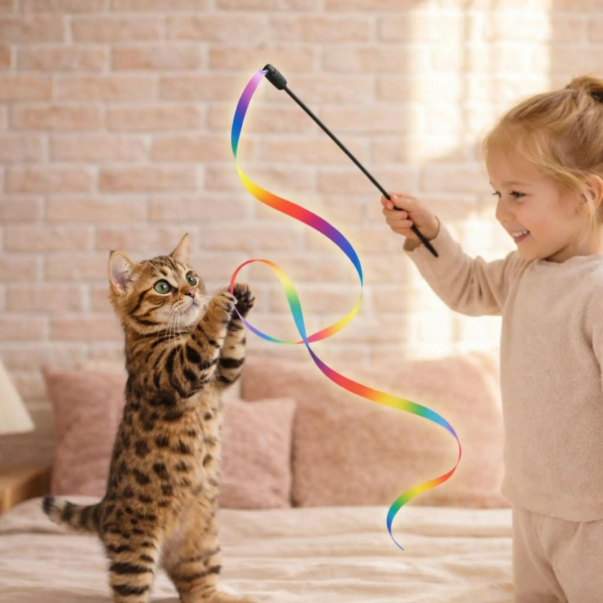 Ruban pour chat manipulé par une enfant créant un mouvement ondulé pendant qu’un chat se dresse sur les pattes arrière développant son instinct de chasse