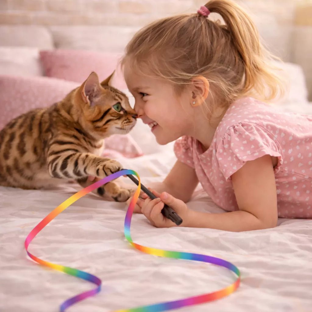 Ruban pour chat tenu par une enfant allongée sur un lit pendant qu’un chat pose sa patte sur le ruban dans un moment de complicité nez à nez