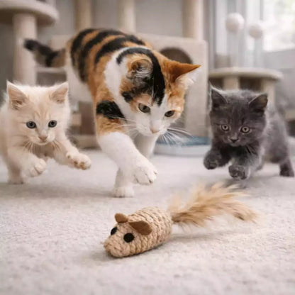 Souris pour chat en sisal avec plume, poursuivie par un chat adulte et deux chatons en intérieur