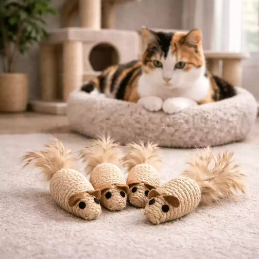 Souris pour chat en sisal avec plumes devant un chat adulte allongé dans son panier en intérieur