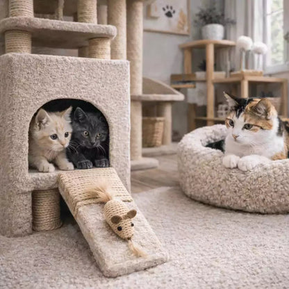 Souris pour chat en sisal avec plume placée sur la rampe d’un arbre à chat, chatons en observation dans un salon lumineux